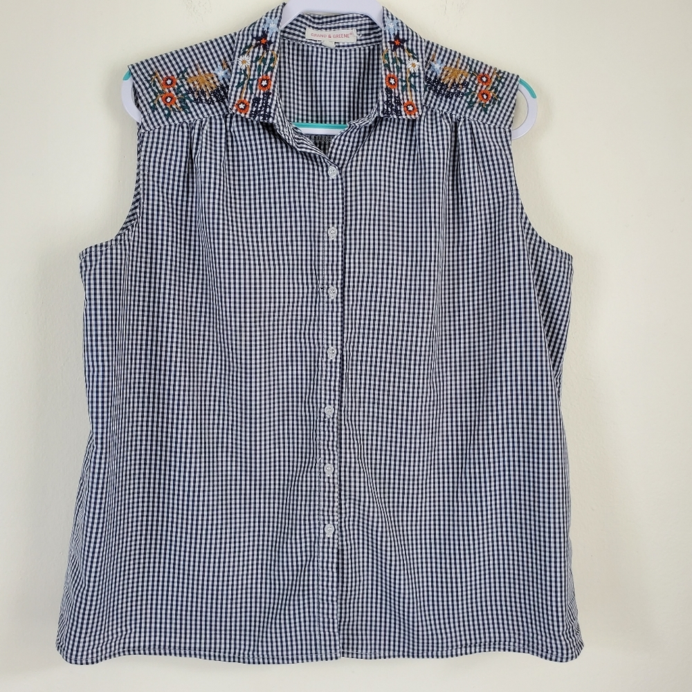 Grand & Greene Sleeveless Embroidered Gingham Top